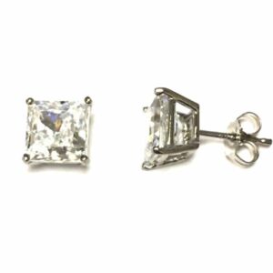 Sterling Silver Rhodium Plated Stud  8mm Princess Cut CZ 4 Prong Basket Earrings