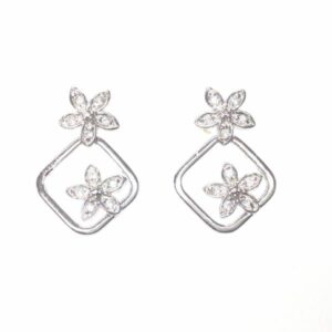 Sterling Silver Circle Two Flowers CZ Earring