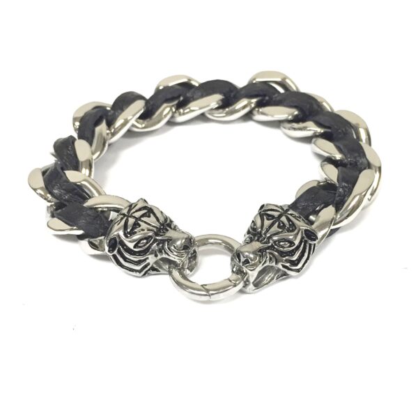 Lion Stainless Steel and Leather Bracelet