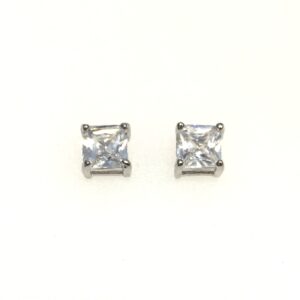 Sterling Silver Rhodium Plated Stud 6mm Princess Cut CZ 4 Prong Basket Earrings